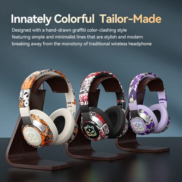 15-Hour Battery Life, Wireless Over-Ear Headphones with Lithium Battery - Low-Power Operation, Ideal for Gaming & Music, Outdoor Use, Push Button Control, Volume Control, No Charging Case, Gaming Headphones|Graffiti Design Headphones|Pushbutton Control Headphones