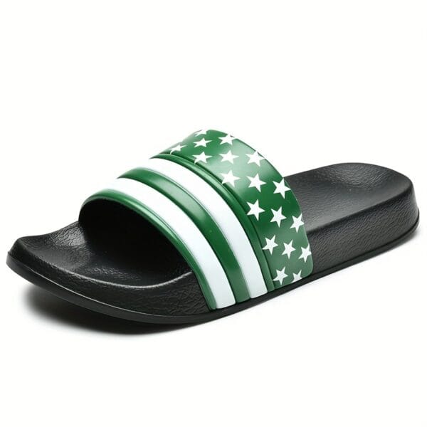 Men's Black Slides with Red & White Star Pattern - Non-Slip, Odor-Resistant Summer Slippers for Indoor & Outdoor Use, Comfortable EVA/PU Upper & Rubber Sole