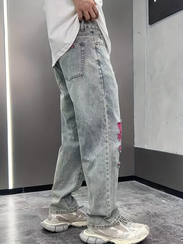 Men's Vintage Distressed Jeans - Non-Stretchy Straight-Leg Relaxed Fit Pants with Washed-Out Blue Denim Look, Machine Washable Streetwear for Casual Outfits & Concerts - Edgy Retro Jeans for Casual Attire, Denim Jeans, Concert Attire, Nonstretch Fabric