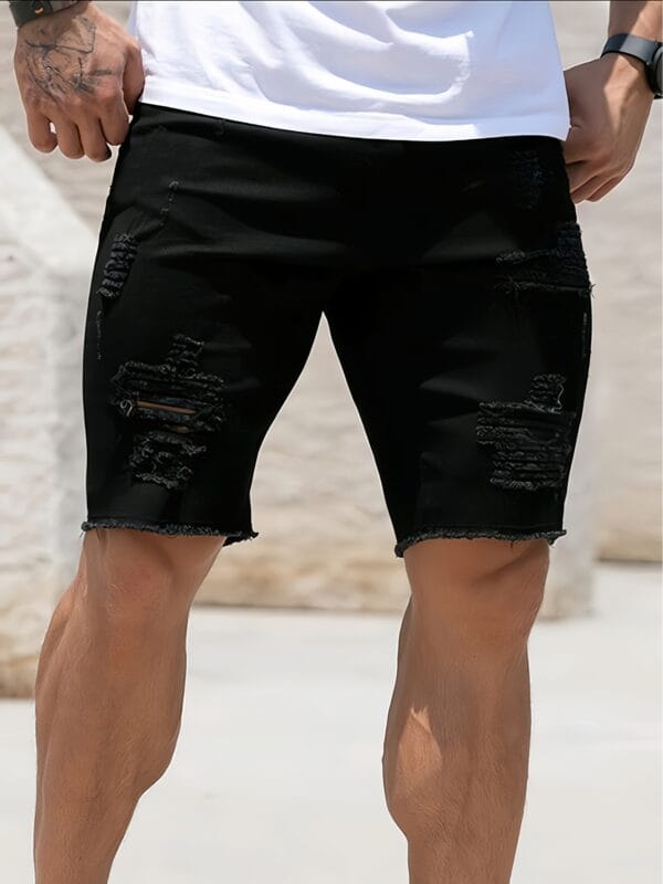 product-fancy-4529bc2a-2748-4957-85c9-637071045469 Men's Slim-Fit Knee-Length Denim Shorts with Frayed Hem and Distressed Detailing - Black, Mid-Stretch, Machine Washable, Summer Casual Style, Comfortable Wear, Durable Fabric