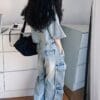 Fashionable Girls' Two-Piece Faux Denim Set, Short-Sleeve Jacket + Cargo Pants Outfit, 2025 New Arrival, Autumn And Winter Collection, Back-To-School Season Wear, Cool Style, Trendy And Versatile, for Outdoor