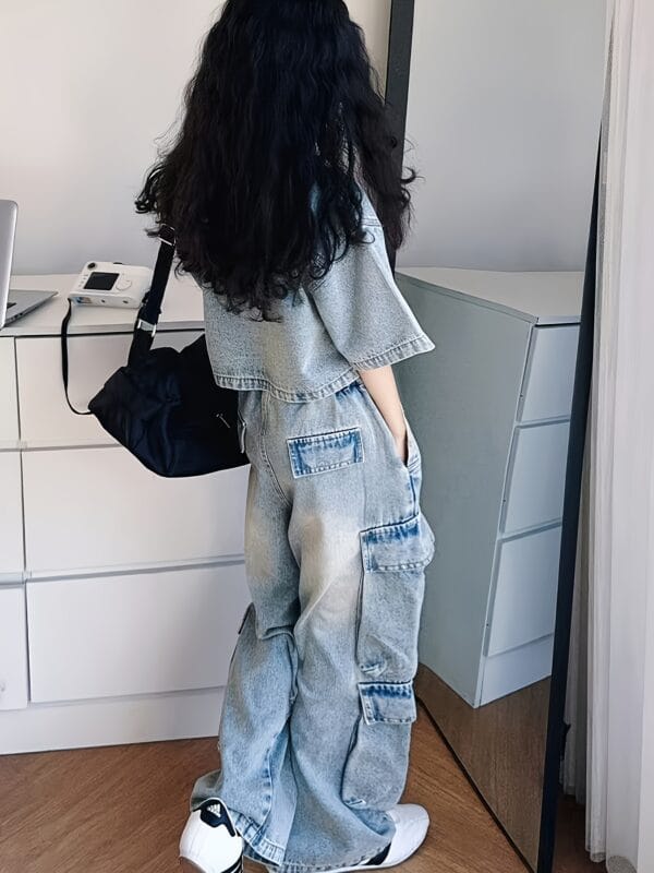 Fashionable Girls' Two-Piece Faux Denim Set, Short-Sleeve Jacket + Cargo Pants Outfit, 2025 New Arrival, Autumn And Winter Collection, Back-To-School Season Wear, Cool Style, Trendy And Versatile, for Outdoor