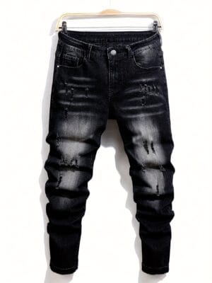 Men's Slim-Fit Stretch Distressed Jeans - Light Wash Blue & Black Ripped Denim with Frayed Hem, Mid-Stretch Comfort, Machine Washable Casual to Semi-Formal Pants for Spring/Fall (Versatile Casual Attire)
