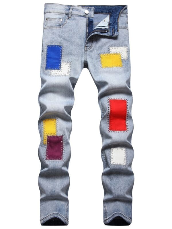 Men's Patchwork Embroidered Slim-Fit Stretch Denim Jeans For Outdoor Activities