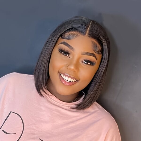 A 13X4 Lace Front Human Hair Wig Featuring a Short Straight Bob Style, Complete with Baby Hair And Pre-Plucked HD Lace. This Brazilian Remy Human Hair Wig for Women Has a Density of 150%.