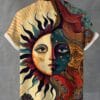 Men's Summer Short Sleeve 3D Print Shirt - Vibrant Sun & Moon Design, Casual Button-Up, Machine Washable, No Stretch Fabric, Ethnic Style, Warm Weather Clothing, Artistic Sun Moon Design, Nontransparent Material