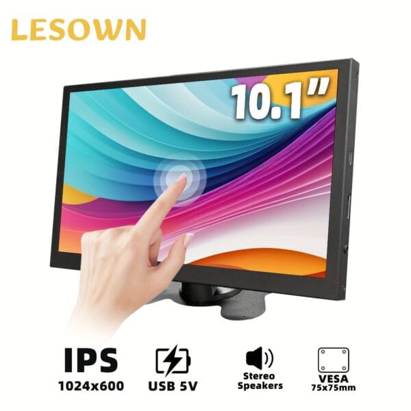 LESOWN Portable Touch Screen Ultra-Thin 10" HD TV USB Powered Monitor, FHD 1024x600 Resolution, IPS Display, Laptop Extender, Adjustable VESA Stand, 5V Travel & Office Multifunctional Monitor, Flat Screen, USB Type-C Charging, NTSC Windows Linux Support, Black Aluminum Alloy Case, No Battery Required, Monitor for Home Entertainmen