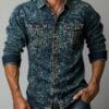 Men'S Slim-Fit Vintage Washed Denim Long Sleeve Shirt with Double Chest Pockets & Button- Collar - Casual Retro Style for All-Season Layering, Versatile Clothing, Classic Buttonup, Durable Fabric