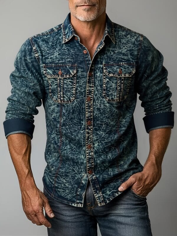 Men'S Slim-Fit Vintage Washed Denim Long Sleeve Shirt with Double Chest Pockets & Button- Collar - Casual Retro Style for All-Season Layering, Versatile Clothing, Classic Buttonup, Durable Fabric
