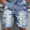 Men'S Loose-Fit Distressed Denim Shorts with Multiple Pockets - Casual Streetwear Style, Non-Stretch Fabric, Light Blue Washed Finish, Perfect for Summer Outings, Summer Shorts | Streetwear Shorts | Nonstretch Fabric