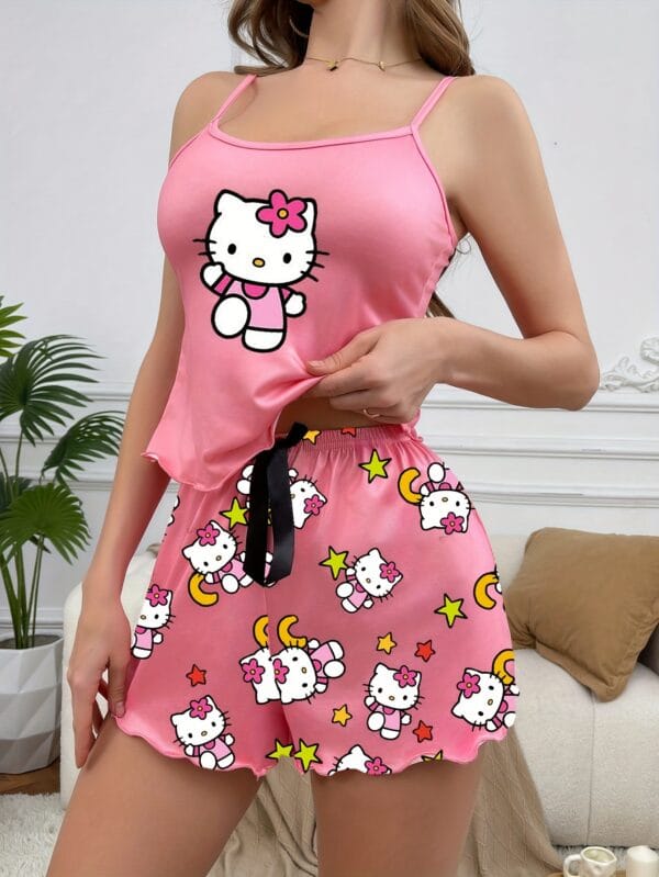 Sanrio Hello Kitty Cartoon Print Casual Sleepwear Set with Camisole Top and Shorts, Comfortable Loose Summer Fit