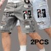 product-fancy-4e5c5943-bc12-4c78-bec9-478af7577b1d Men's Summer Lightweight Denim Shorts - Knee-Length Relaxed Fit Distressed Casual Shorts with Portrait Print, 52% Blend, Hand Wash Only