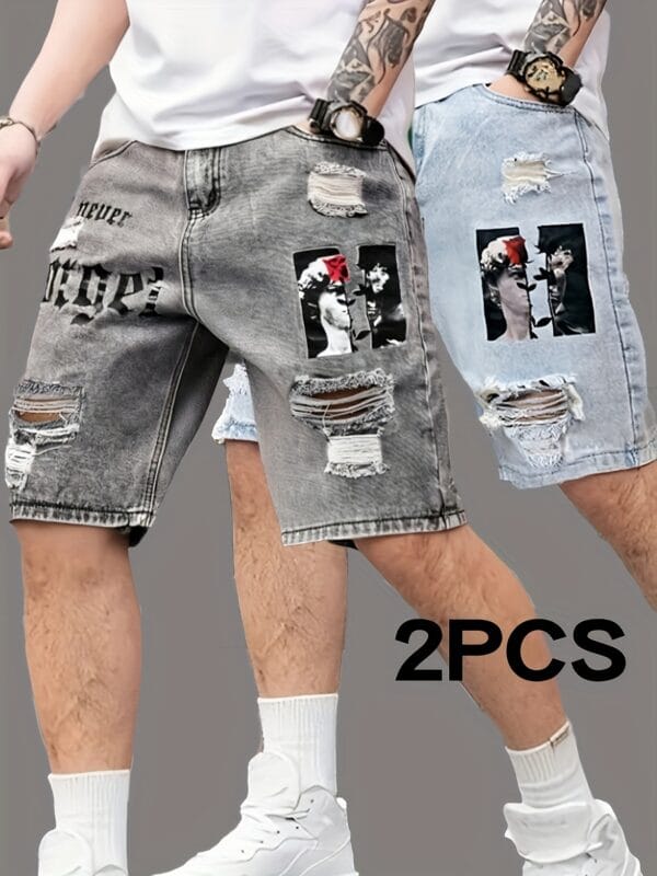 product-fancy-4e5c5943-bc12-4c78-bec9-478af7577b1d Men's Summer Lightweight Denim Shorts - Knee-Length Relaxed Fit Distressed Casual Shorts with Portrait Print, 52% Blend, Hand Wash Only