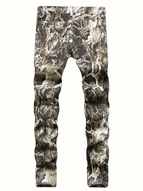 Men's Slim Fit Snake Print Jeans - Streetwear Animal Pattern Stretch Denim Pants for Concerts & Night Out, All-Season Comfort Regular Length Casual Trousers, Concertready Clothing, Streetstyle Attire, Stylish Snake Pattern, Sleek Fabric Construction