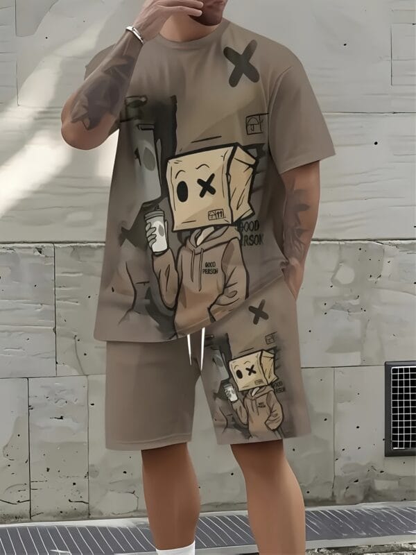 product-fancy-5038ffb1-1916-422b-93ff-8c276dc844b6 Men'S Summer Cartoon Boxing Print Casual Outfit - Breathable Polyester Short Sleeve T-Shirt & Shorts, Machine Washable, Regular Fit Streetwear for All Seasons, Allseason Apparel | Playful Print Tee | Machine Washable Fabric, Boxer Shorts