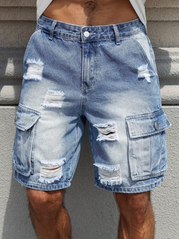 Men'S Loose-Fit Distressed Denim Shorts with Multiple Pockets - Casual Streetwear Style, Non-Stretch Fabric, Light Blue Washed Finish, Perfect for Summer Outings, Summer Shorts | Streetwear Shorts | Nonstretch Fabric