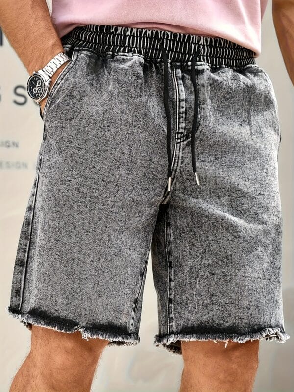 Men's Light Wash Distressed Casual Denim Shorts - Relaxed Straight-Leg Short Length with Frayed Hem & Belt Loops, Machine Washable Summer Shorts with Functional Pocket for Casual Attire (No-Stretch Denim Fabric)