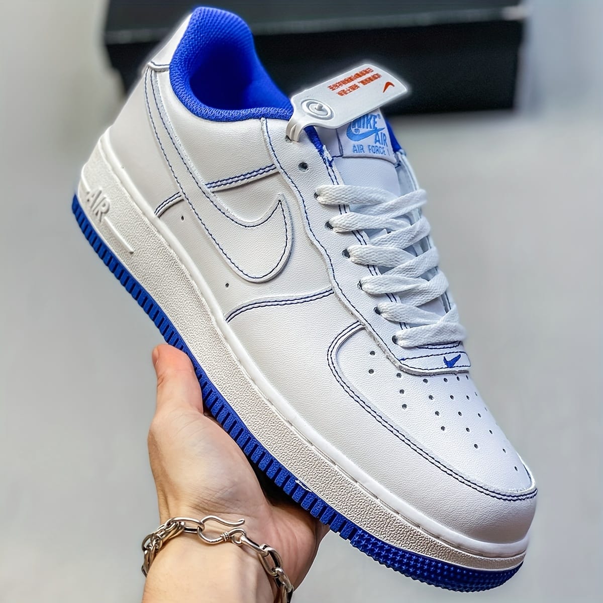 NIKE Air Force Low Top Casual Sneakers for Men with White and Blue Stitching