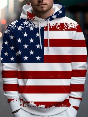 [Everyday Pullover] Men's Patriotic 3D American Flag Print Hoodie - Casual Polyester Pullover with Kangaroo Pocket, Machine Washable, Comfort Fit