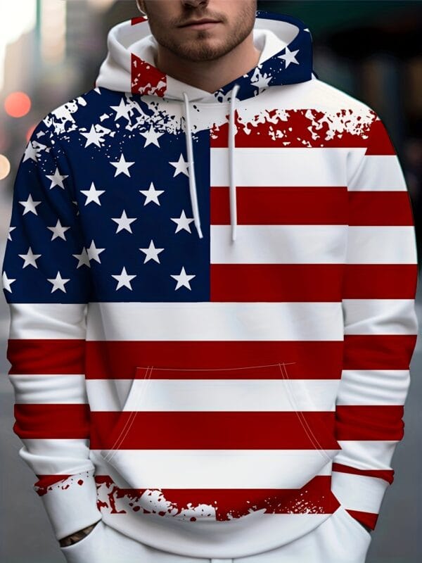 [Everyday Pullover] Men's Patriotic 3D American Flag Print Hoodie - Casual Polyester Pullover with Kangaroo Pocket, Machine Washable, Comfort Fit