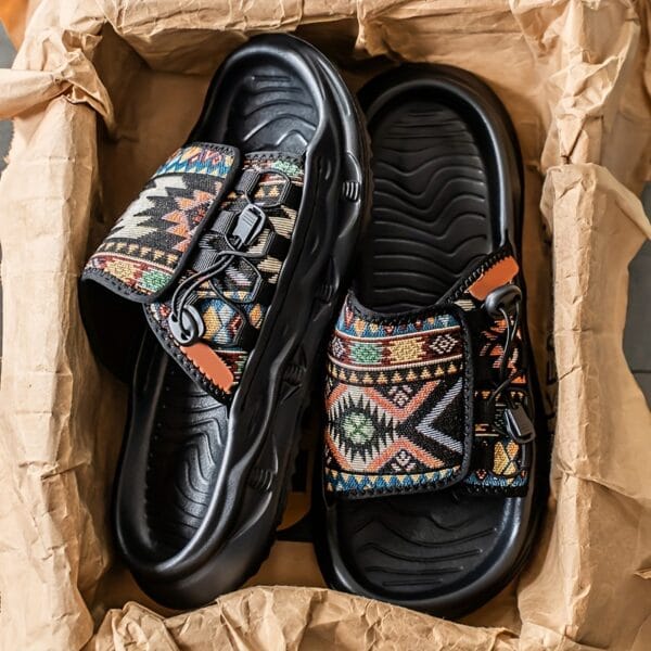 product-fancy-5286cccd-44a2-4690-96de-f165fff7c821 Men's Slip-On Sandals with Colorful Geometric Pattern - Soft EVA Sole, Breathable PU & Fabric Upper for Casual Outdoor Beach Wear - Lightweight Comfortable Round-Toe Design, Leisure Footwear | Vibrant Pattern Footwear | Durable Traction Sole