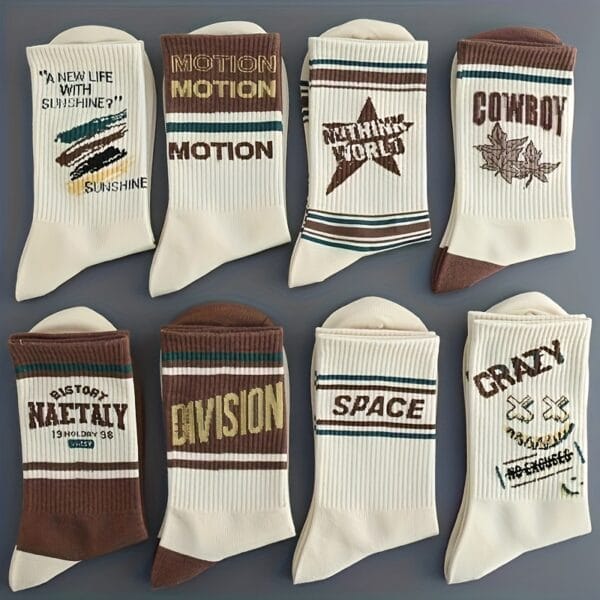 4/8 Pairs Retro Letter Print Casual Socks for Men & Women - Mid-Calf Athletic Socks with Bold Graphic Design, Breathable Polyester, Hand Wash/Dry Clean, Vintage Style for Casual Attire, Socks, Everyday Footwear, Stylish Lettering, Durable Socks, Comfortable Sock Material, Everyday Essentials, Sporty Look, Soft Sock Material, Unisex Socks, Casual Wearers