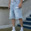 Men's Light Blue Denim Shorts - Non-Stretch Mid-Length Jeans with Frayed Edges & Pre-Worn Look, Button Closure Loose Fit Casual Streetwear for Everyday Outfits - All-Season Non-Stretch Jeans Shorts, Relaxed Style, Vintage Aesthetic, Quality Stitching, Urban Style