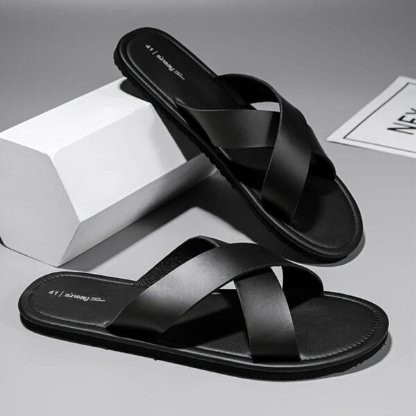 Men's 2025 All-Season Retro Cross-Strap Slide Sandals - Lightweight Non-Slip Durable PVC & EVA Cushioned Casual Indoor/Outdoor Slippers with Cross-Strap Design, Black, Everyday Footwear | Minimalist Shoe Design | Antislip Sole, Indoor Slippers