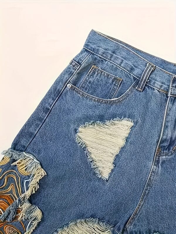 product-fancy-5669fe55-9a84-417d-9a9a-7bb6988c5b56 Men'S Plus Size Distressed Faux Denim Shorts with Frayed Hem & Geometric Embroidery - Casual Relaxed Fit, Non-Stretch Faux Denim, Functional Pockets, Edgy Streetwear Style for Summer Outfits, Faux Denim Shorts, Durable Fabric, PLUS SIZE