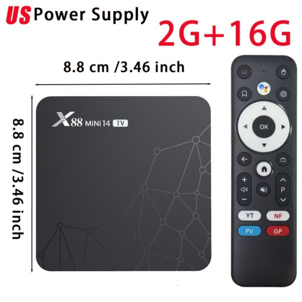 product-fancy-570ef307-55f6-4453-8dbb-27ab7d3194f5 88 MINI 14 TV Android 14 TV Box | 4K@60Hz HDR 8K Video Decoding | RK3518 Quad Core + Mali GPU | 2GB RAM+16GB ROM, US Power Plug | Dual Band WiFi 6 & BT 5.0 | Expandable to 64GB | HD 2.0b | Multi-Language Infrared Voice Remote Control | Portable for Home/Gaming/Travel