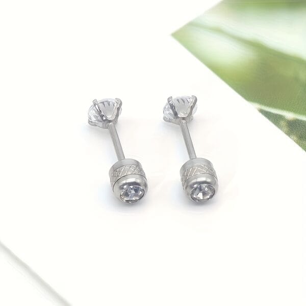 2pcs Stainless Steel Earrings, 4mm White Synthetic Zirconia with Embossed Floral Rhinestone Earbuds, Screw Post Design, Daily & Party Wear, Mardi Gras, St. Patrick's, Mother'S Day Gift