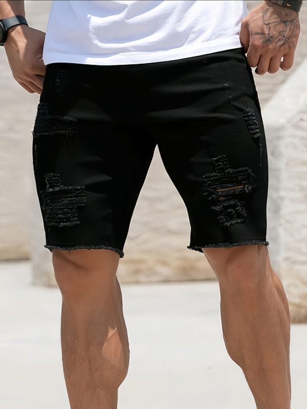 product-fancy-57220e6b-31bf-4268-972f-d1dc3acdd9cc Men's Slim-Fit Knee-Length Denim Shorts with Frayed Hem and Distressed Detailing - Black, Mid-Stretch, Machine Washable, Summer Casual Style, Comfortable Wear, Durable Fabric