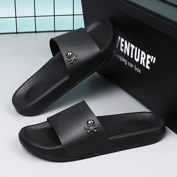 Men's Slip-On Sandals with Skull Buckle Design - Lightweight PVC Upper & EVA Sole, Anti-Slip Comfort for Beach, Casual, Indoor/Outdoor Use - All-Season Black Unisex Slippers