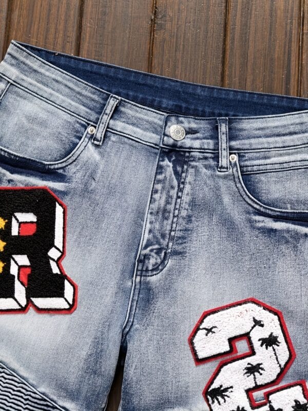 Men's Vintage Streetwear Jeans - Distressed denim with R, Belt Loop Pocket - Skinny Fit (Machine Washable) - Urban Casual Shorts for Concerts, Parties, Casual Attire - Non-See-Through Fabric, Concert Attire, Patchwork Design, Durable Stitching, Fashionforward Men