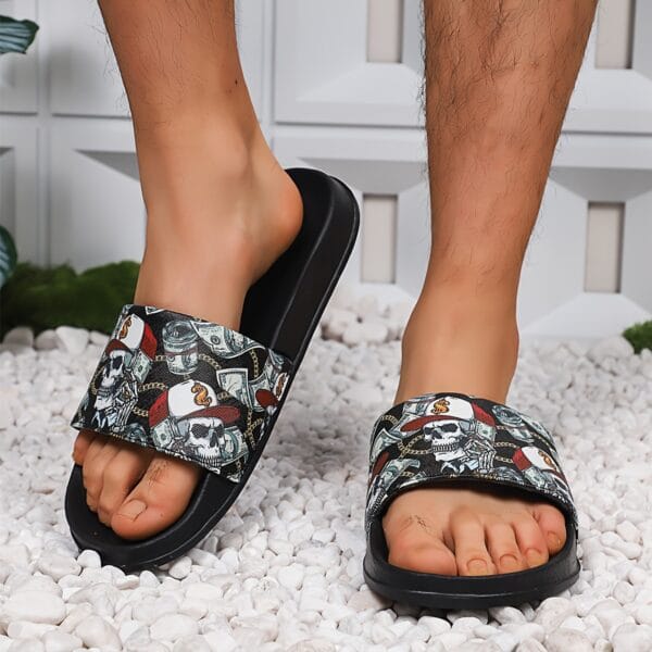 Unisex Black Slip-On Slippers with Skull & Money Print - Lightweight EVA Indoor/Outdoor Casual Shoes for Men & Women, All-Season Comfortable Beach Sandals, Summer Footwear, Adventurous Style, Breathable Fabric Lining, Indoor Footwear, Trendy Footwear, Durable Sandals, Slipresistant Footwear, Home Footwear