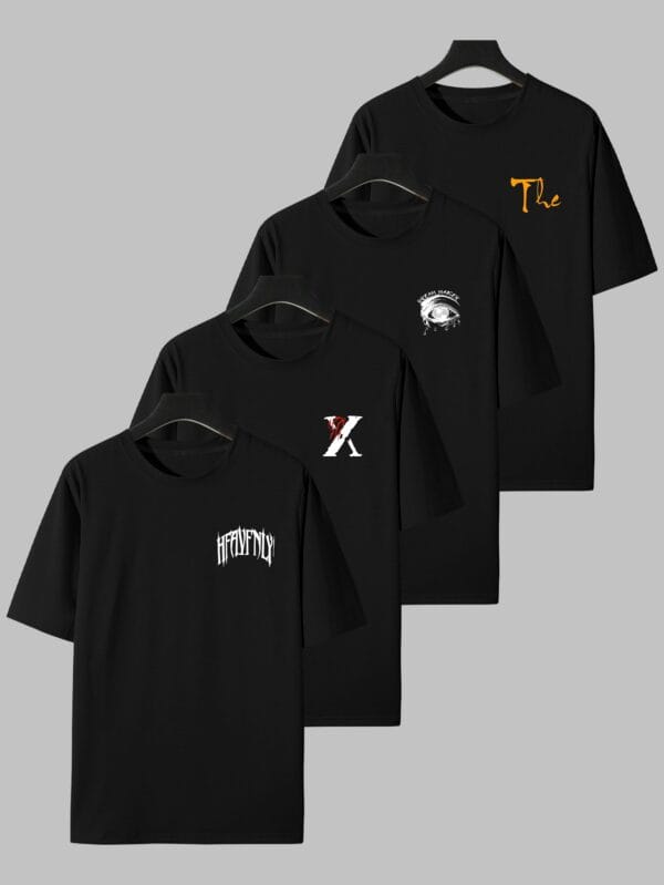 Men'S Casual Graphic Print T-Shirts - 4pcs Set, Short Sleeve Crew Neck, Slight Stretch, Geometric Pattern, All-Season Wear, Adult Regular Fit, Casual Wear|Graphic Tee|Stylish Casualwea