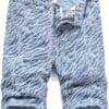 Men'S Light Wash Denim Shorts - Zebra Print Streetwear Style, Mid-Rise Casual Summer Shorts with Frayed Hem, Non-Stretch Fabric, Pockets for Casual Attire, Streetwear Shorts | Zebra Print Shorts | Frayed Hem Shorts