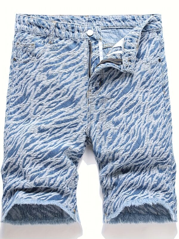 Men'S Light Wash Denim Shorts - Zebra Print Streetwear Style, Mid-Rise Casual Summer Shorts with Frayed Hem, Non-Stretch Fabric, Pockets for Casual Attire, Streetwear Shorts | Zebra Print Shorts | Frayed Hem Shorts