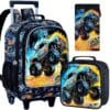3pcs, Cool Off-Road Vehicle Rolling Backpack for Boys, Kids Roller Wheels Bookbag, Wheeled Elementary School Bag