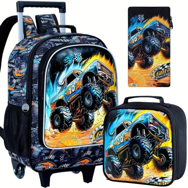 3pcs, Cool Off-Road Vehicle Rolling Backpack for Boys, Kids Roller Wheels Bookbag, Wheeled Elementary School Bag