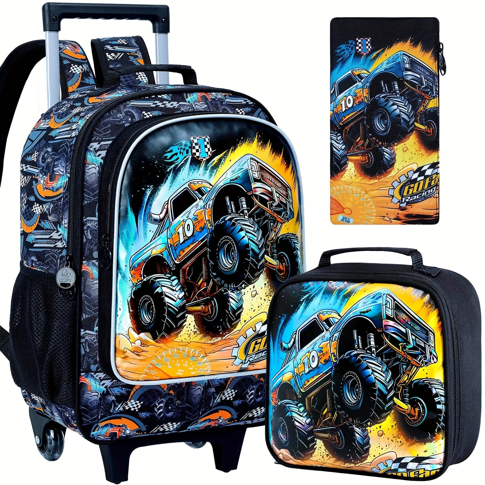 3pcs, Cool Off-Road Vehicle Rolling Backpack for Boys, Kids Roller Wheels Bookbag, Wheeled Elementary School Bag