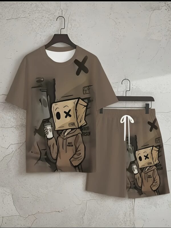 product-fancy-59ae4204-61fe-4427-a05a-cddb8bbbd477 Men'S Summer Cartoon Boxing Print Casual Outfit - Breathable Polyester Short Sleeve T-Shirt & Shorts, Machine Washable, Regular Fit Streetwear for All Seasons, Allseason Apparel | Playful Print Tee | Machine Washable Fabric, Boxer Shorts