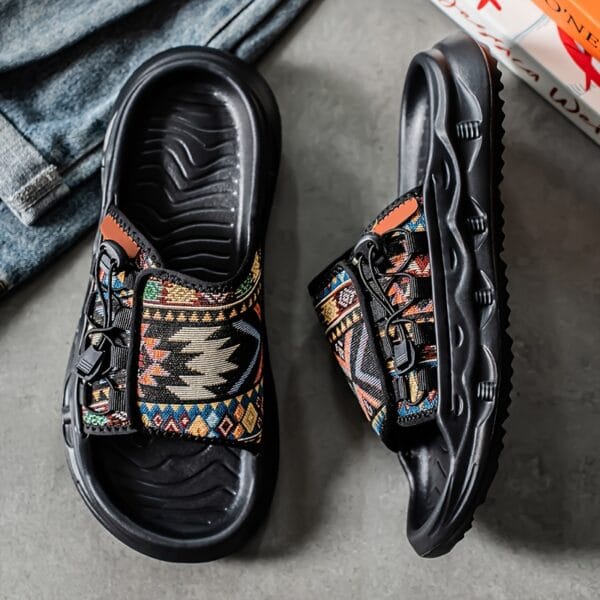 product-fancy-5b49e853-a9eb-4032-a4f4-f35243b6b949 Men's Slip-On Sandals with Colorful Geometric Pattern - Soft EVA Sole, Breathable PU & Fabric Upper for Casual Outdoor Beach Wear - Lightweight Comfortable Round-Toe Design, Leisure Footwear | Vibrant Pattern Footwear | Durable Traction Sole