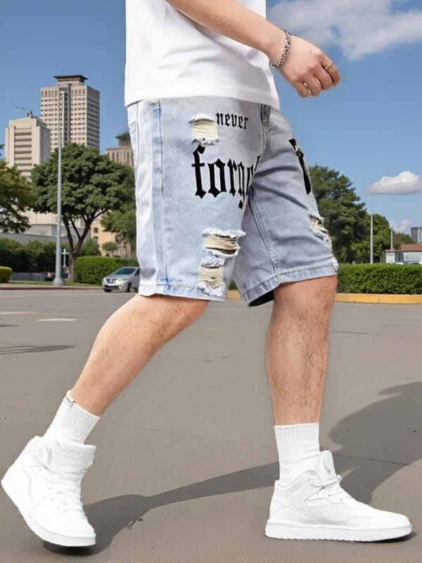 product-fancy-5bbc5eeb-711a-4bb7-aad3-c8bde45402bc Men's Summer Lightweight Denim Shorts - Knee-Length Relaxed Fit Distressed Casual Shorts with Portrait Print, 52% Blend, Hand Wash Only