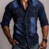 Men'S Slim-Fit Blue Denim Shirt with Double Pockets - Long Sleeve, Button-Up Casual Top for All Seasons, Versatile Fashion, Casual Wear|Slim Fit Shirt|Durable Fabric