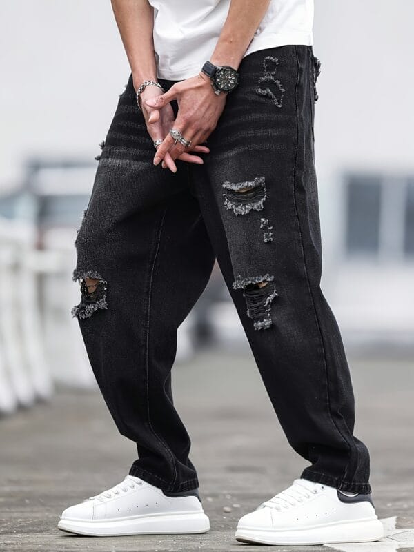 Men'S Casual Distressed Faux Denim Faux Denim - Relaxed Fit Water-Washed Ripped Detailing, Non-Stretch Durable Fabric, All-Season Versatile Style for Casual Attire, Comfortable Fashion, Classic Blue Wash, Quality Craftsmanship