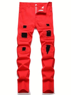 Men's Red Distressed Washed Regular Fit Jeans - Comfortable Streetwear with Functional Pockets, Machine Washable All-Season Casual Pants