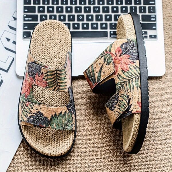 Men's Slip-On Sandals - Tropical Floral beach shoes with Quick-Dry PU Upper & Cushioned EVA Insole - Non-Slip PVC Sole for Pool, Vacation, Casual Outdoors - Slip Resistant Footwear Brown/Green/Red/Blue/Black/Orange/White/ - Lightweight Summer Footwear for Men, Poolside Footwear, Stylish Slipons, Durable Trivet Sole, Vacation Slides, Trendy Slides, Breathable Slides, Outdoor Enthusiasts