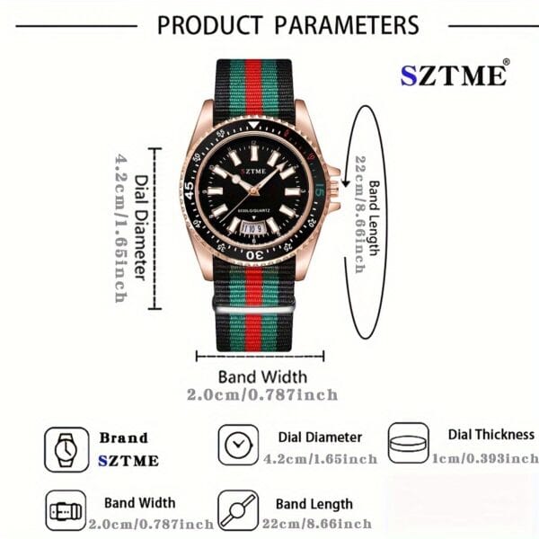 SZTME Trendy Men's Quartz Watch - Casual Fashion with Calendar & World Time, Rose Golden Case, Green/Black Plaid Nylon Strap, Alloy, Non-Waterproof for Casual Attire