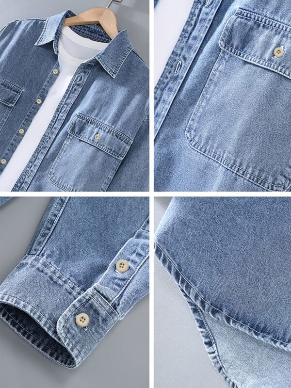 Men'S Casual Denim Shirt - Solid Color Washed Blue, Non-Stretch Fabric, Classic Collar & Chest Pockets, Regular Fit Spring/Fall Style, Adult Sizes, Spring Fall Attire, Mature Style Shirt, Nonstretch Material